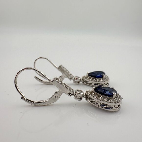 Blue and White Sapphire Tear Drop Earrings in Sterling Silver - Picture 9 of 12